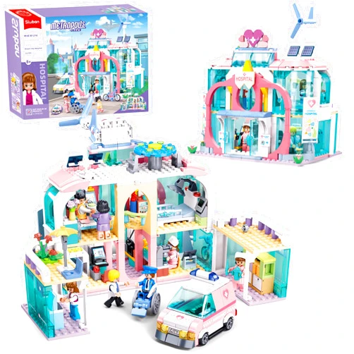 Sluban Girls Friends Hospital Building Sets, City Playset with Pull-Back Ambulance 4 Departments, 7 Minifigures, Compatible with Lego Friends, Christmas Thanksgiving Day Gifts for Girls Kids 6+ 8+ 12+