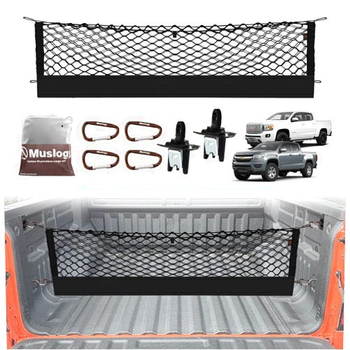 Muslogy Truck Bed Cargo Net Compatible with 2015-2022 Chevy Colorado & GMC Canyon Accessories Storage Organizer Pickup Truck Bed Envelope Style Net with Heavy Duty Carabiners & Tie Down Anchor Set