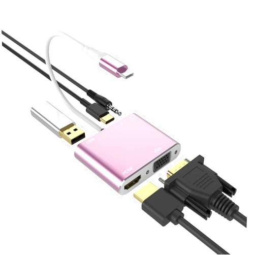 AISONK USB C to HDMI VGA Adapter, 5-in-1 Hub USB 3.0 OTG Charging Power PD Port Compatible MacBook Pro,Surface go, Galaxy S8/S9 and More Pink