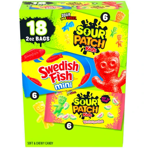 SOUR PATCH KIDS and SWEDISH FISH Mini Soft & Chewy Candy Variety Pack, Bulk Candy, 18-2 oz Bags