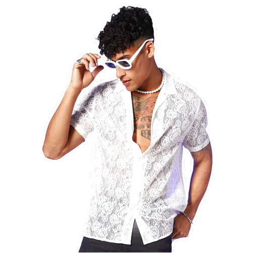 WDIRARA Men's Floral Lace See Through Button Front Short Sleeve Shirt Summer Tee Top