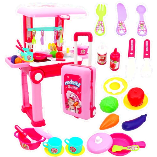 INCHOI 2-in-1 Travel Suitcase Kitchen Set for Children Travel Luggage Turn into Play Kitchen Best Gift for Boys & Girls Utensils & Foods ABS Plastic Pretend Play Kit Kitchen Set Toy with Accessories