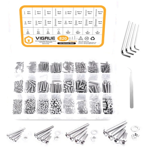 VIGRUE 820pcs M4 M3 M2.5 M2 Button Head Socket Cap Screws Bolts Nuts Washers Assortment Kit, 304 Stainless Steel Metric Screws Assortment Set, Small Bolts and Nuts Kit