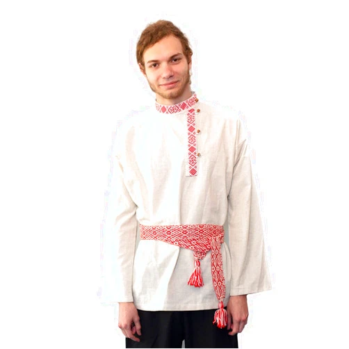 RussClothing Russian shirt linen men traditional wear kosovorotka boho shirt dance wear (M, Red w White Embroidery)