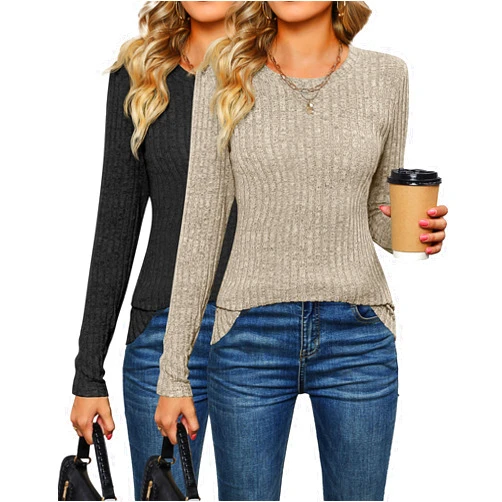Ficerd 2 Pack Women's Sweaters, Fall Long Sleeve Fitted Sweaters Cable Knit Light Tunic Tops Crew Neck Sweaters 2024 Trendy