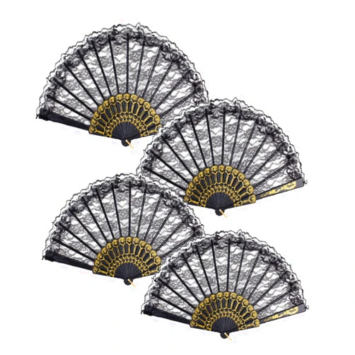 Tkocisa 4 Pieces Lady's Girl's Vintage Retro Lace Folding Hand Fan, Chinese/Japanese Hollowed Hand Fan Handheld Dancing Fans for Wedding Dancing Party(Black)