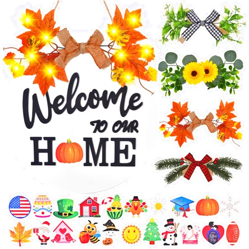 IDATOO Interchangeable Welcome Home Sign, Front Door Decor With 4 Seasonal Wreaths and 21 Changeable Icons, Rustic Wood Wall Porch Hanger for Holiday Halloween Christmas Housewarming Gift (White)