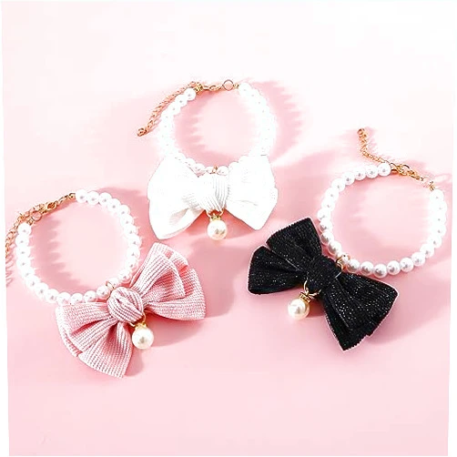 CCUUHJ 3 Pack Dog Pearl Necklace Fancy Pearls Jewelry with Big Bows Charm Cute Wedding Collar Girl Costume Outfits Accessories for Small Dogs Puppy Cat (Small)