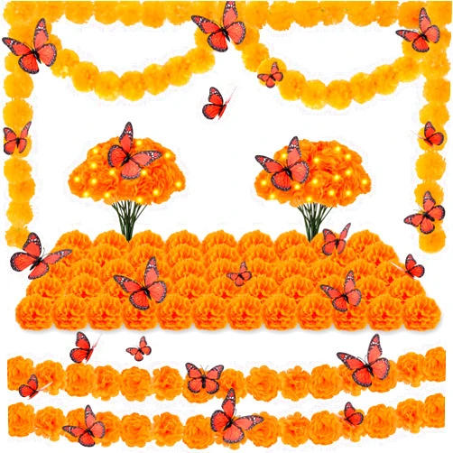 C APPOK 66pcs Day of The Dead Decorations Set - 2 Marigold Garland with 2 Lights & 50 Artificial Marigold Flowers with Stems & 12 Monarch Butterfly Decoration for Dia De Los Muertos Indian Diwali Altar Decor
