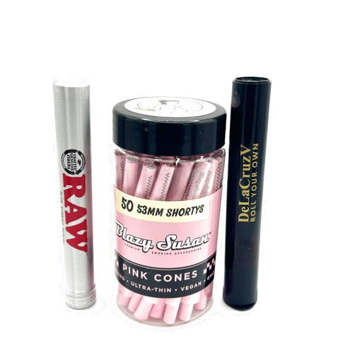 Generic Blazy Susan Shorty Pre-Rolled Pink Cones 53MM- 50 counts in a JAR-plus Raw Aluminium Tube and DeLaCruzV tube.