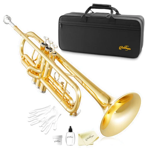 Ashthorpe Standard Bb Trumpet with Gold Brass Finish - Includes Case, Mouthpiece, Gloves, Cleaning Cloth, Valve Oil