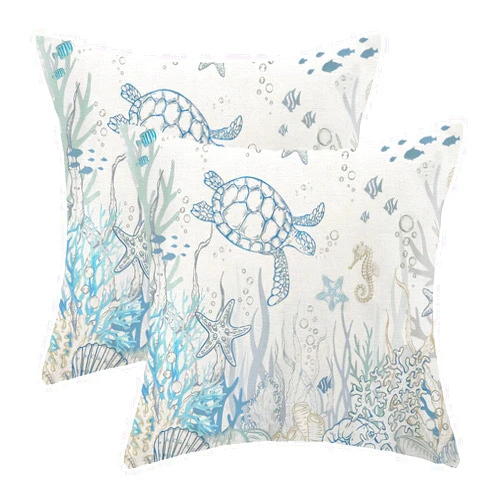 Jecuwo Nautical Coastal Pillow Covers 18x18 Set of 2 Turtle Coral Starfish Seashell Ocean Themed Decorative Cushion Cover Beach Throw Pillow Covers Linen for Home Sofa Couch Outdoor Decor