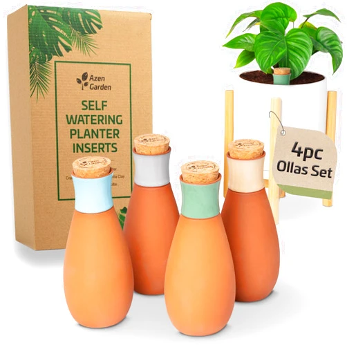 Azen Garden Ollas Plant Watering Globes - Terracotta Self Watering Planter Insert - Watering Bulbs for Outdoor and Indoor Plants with Easy Top Refill System - Set of 4