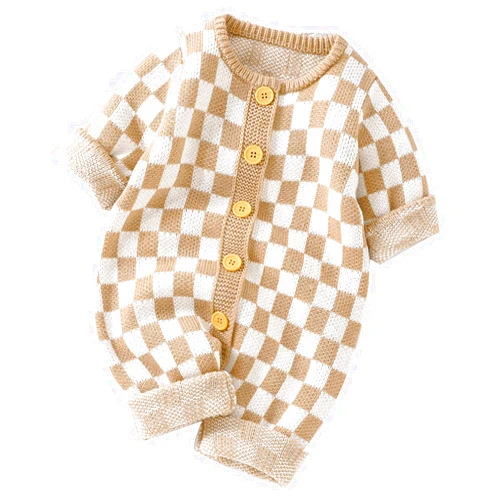 SAYOO Unisex Baby Girl Boy Knitted Romper Jumpsuit Checkerboard Plaid One Piece Button Down Sweater Playsuit Clothes