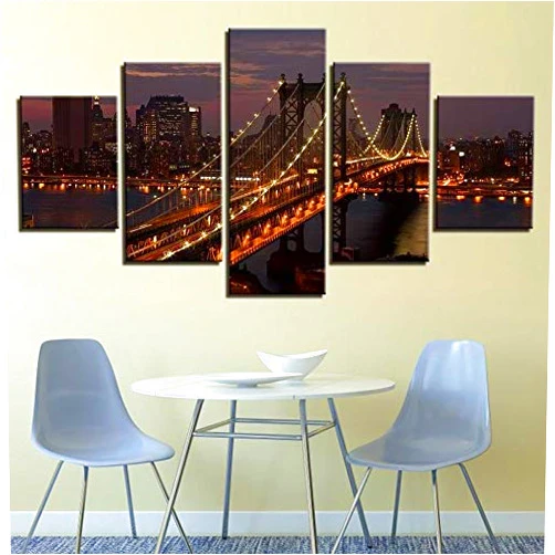 LOCTEFT 5 Pieces Wall Art Canvas Prints Wall Decor Picture 5 Pane lBridge City Manhattan Bridge New York City Canvas Poster 5 Piece Landscape Print Picture Artwork Decor Framed Ready to Hang