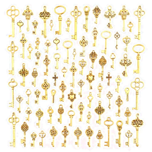JIALEEY 80 PCS Vintage Skeleton Key Set Charms, Mixed Style Antique Gold Key Set Pendant DIY Charms for Jewelry Making Wedding Party Favors