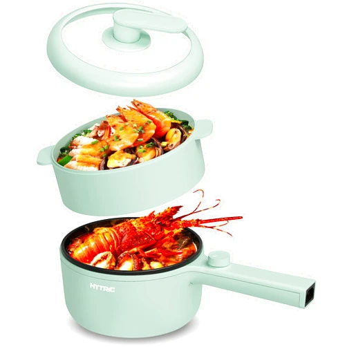 HYTRIC Hot Pot Electric with Steamer, 1.5L Portable Non-stick Frying Pan, Electric Cooker for Steak, Egg, Pasta, Ramen Cooker with Dual Power Control, Electric Pot for Office, Dorm, Camping, Green