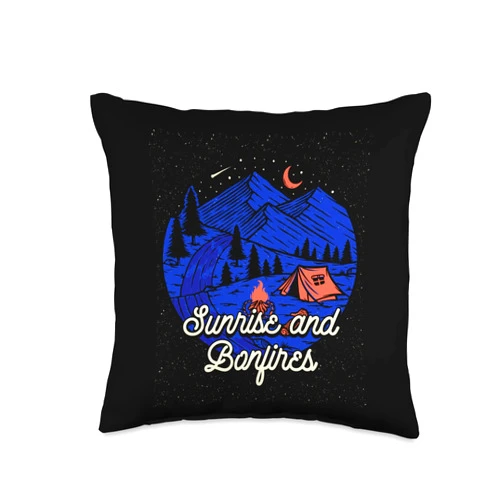 Camp Sunny Hiker Nature Lover Vacation Sunrise and Bonfires Camping Summer Camper Tropical Hiking Throw Pillow, 16x16, Multicolor