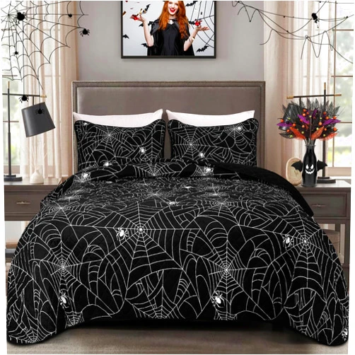 FRAMICS 3 Pieces Halloween Quilt Set Queen Size, Spider Web Quilt Set, Lightweight Black Quilt, Halloween Bedding Set, 90
