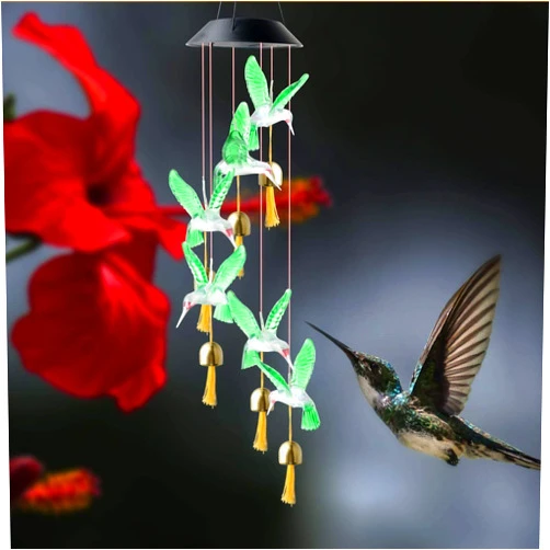 MEZONE LED Solar Hummingbird Wind Chimes for Outdoor with Colour Changing Solar LED Butterfly Wind Chime Lighting Hanging Light Decoration for Patio/Garden Party/Tree (Green)