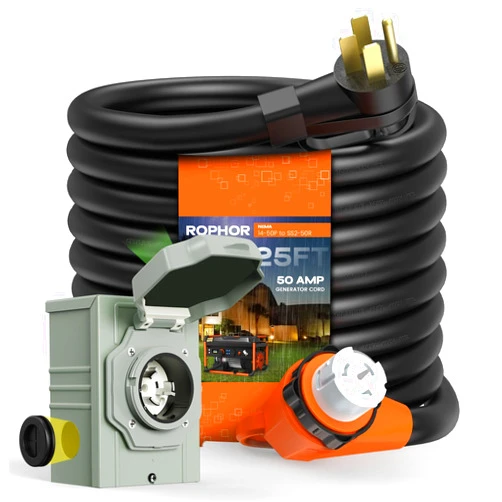 Rophor 50 Amp Generator Cord and Pre-Drilled Power Inlet Box, 25FT Heavy Duty NEMA 14-50P to SS2-50R Extension Cord Twist Locking with Inlet Box, 125/250V, 12500W, ETL Listed for Outdoor Emergency Kit