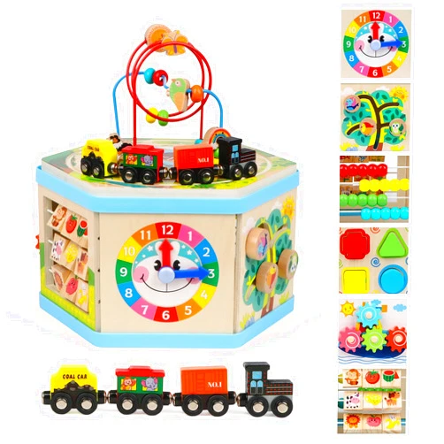FOPNETS Wooden Activity Cube 9-in-1 Montessori Toys for 1+ Year Old Boys Girls Educational Learning Toys for Toddlers Age 1-2 One Year Old First Birthday Gift Bead Maze Magnetic Trains Track Shape Sorter