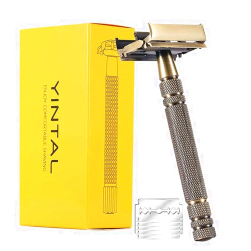 Yintal Double Edge Safety Razors,Classic Men Shaving Butterfly Open Razor - Bronze Long Handle Women Razors With 5 Blades,Reusable Metal Brass Manual Shaver Close Comb