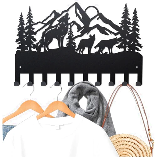 MAYJOYDIY Wolf Mountain Coat Rack Wall Mounted Wildlife Metal Key Hook 15.7×9.8inch Nature Landscape Animal Black Art Key Holder with 10 Hooks for Gift Coats Hats Towels Bags Hanging