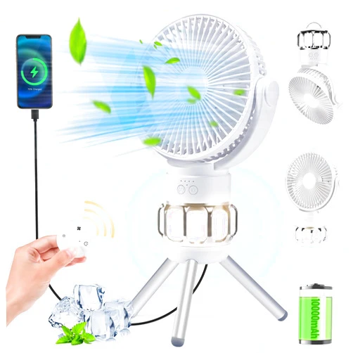MAXEVE 3-in-1 Portable Camping Battery Powered Fan with LED Lantern, Fan 8H Timer 270°Rotation Battery Operated Fan, 10400mAh Rechargeable USB Desk Beach Fan with Hook&Tripod, Super Quiet