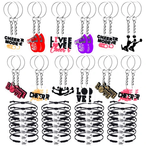 Sureio 48 Pcs Cheerleader Gifts Kit Cheer Stuff Bulk for Team, 24 Pcs Keychain and 24 Pcs Cheer Charms Bracelets Cheerleading Accessories Party Favors for Women Girls Teammates