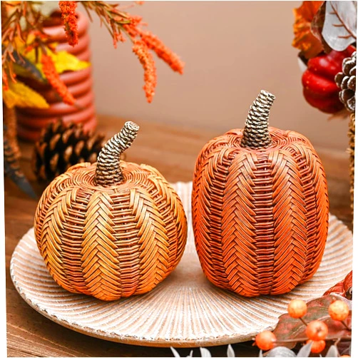 Valery Madelyn Fall Decoration for Home Pumpkin Decor, 2pcs Resin Artificial Rattan Large Pumpkins Figurine, Autumn Harvest Thanksgiving Halloween Party Table Centerpieces Porch Mantel Indoor 6.2 Inch