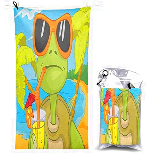 TFCK Cool Sea Turtle with Sunglasses Drinking Cocktail at The Beach Cartoon 63 X 31 Inchquick Dry Lightweight Microfiber Towel