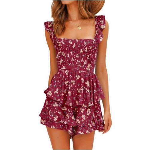 Farktop Womens Sexy Summer Romper Floral Square Neck Ruffle Strap Layer Hem Shorts Jumpsuits