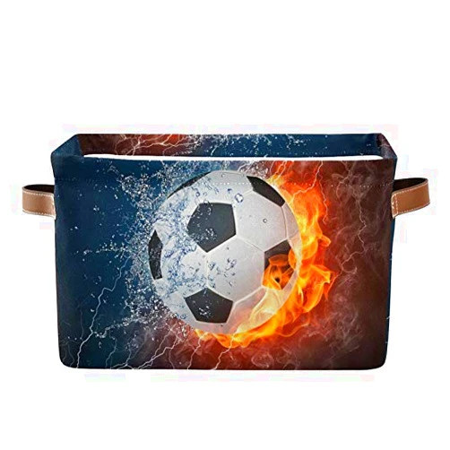 AUUXVA SEULIFE Football Soccer in Fire Water Foldable Storage Basket, Large Collapsible Organizer Storage Bin Cube Toys Storage Boxes with Handles for Bathroom Kids Nursery Closet Storage, 1 Pack