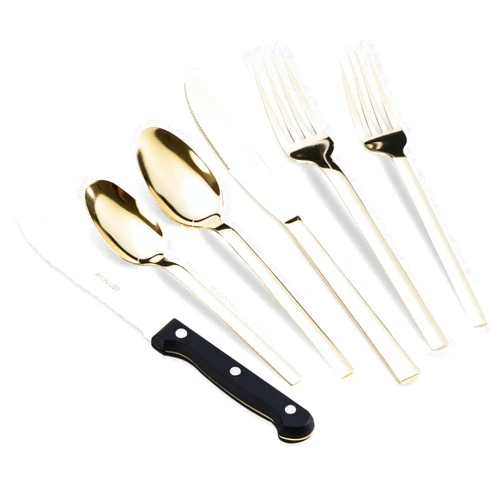 SELUKIYA 24 Pieces Silverware Service for 4, 18/0 Stainless Steel Flatware with Steak Knives, High Mirror Polished Cutlery Set in Ergonomic Design Size and Weight, Dishwasher Safe, Champagne Gold