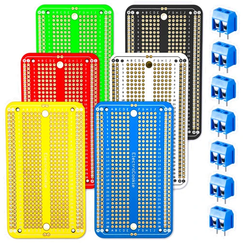 ElectroCookie Prototype Board Breadboard Style PCB Solder Board for DIY Electronic Projects, Compatible for Arduino Projects, Gold-Plated (6 Color Pack + 7 Screw Terminal Block Connectors)