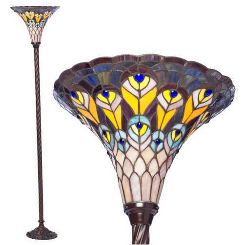 Warehouse of Tiffany TS47-BB75B Tiffany-style Peacock Torchiere, Orange/Blue