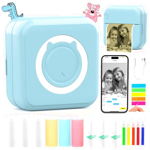HuiJuKeJi Inkless Sticker Printer for iOS&Android Mini Thermal Printer with 10 Rolls Thermal Paper,Color Pen, Bluetooth Pocket Printer Smart Portable Receipt Printer for Photo Journal Notes Memo-Blue