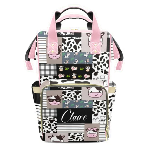 XOZOTY Cute Cow Pattern Personalized Diaper Bag Backpack Name Custom Mommy Nappy Baby Bag Daypack for Mom Dad Gifts