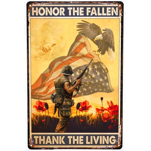 Licpact Memorial Day Veteran Tin Sign Honor The Fallen Thank Living Poster Veterans Decor Plaque for Garage Man Cave Office Home Coffee Bar Wall 12x16 Inch