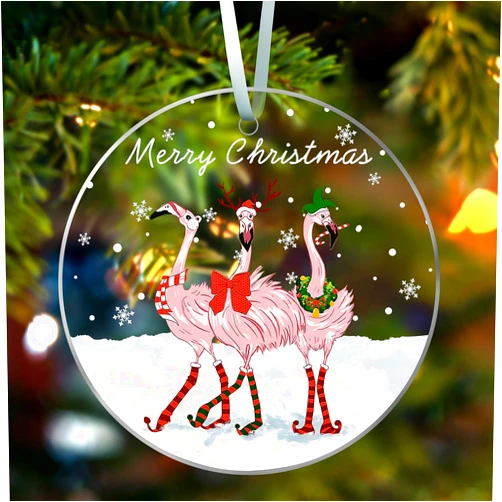QETRABONE Christmas Tree Decorations Ornaments, Acrylic Pink Christmas Ornaments Pendant, Pink Christmas Decorations Indoor Outdoor Hanging Ornaments Holiday Wedding Party Decor Xmas Gift for Kids (Flamingo)