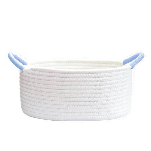 Yimi's Dream Basket for Gifts, Small Cute Shelf Baskets for Babies, Wedding, Birthday, White Rope Baskets with Blue Handle for Home Decor(Oval, 12