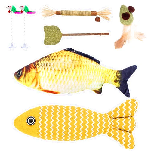 ETIAL 7pcs Interactive Cat Chew Toys, Soft Linen Sturdy Catnip Fish Toys, Silvervine Lollipop Dental Sticks for Kittens Teeth Cleaning, Catnip Mouse & Cat Spring Feather Exercise Toy for Bored Indoor