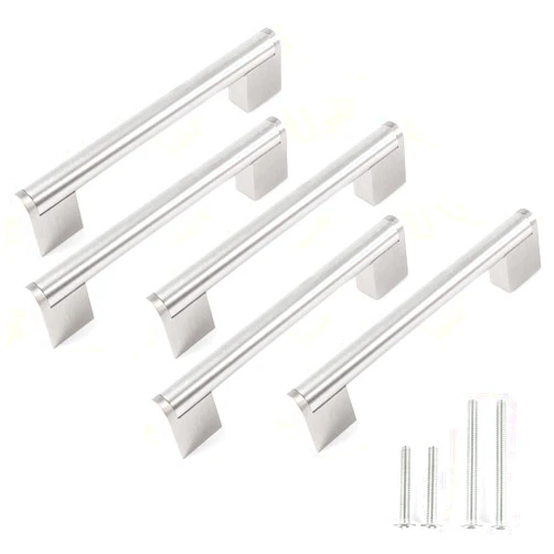 FULGENTE Brushed Nickel Drawer Pulls, Stainless Steel Chrome Modern Cabinet Handles Kitchen Hardware Cupborad Armoire Wardrobe, 5 inch Hole Center - 6 inches Total Length（ Pack of 5 ）