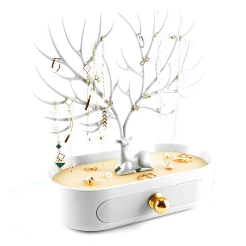 MORE&LESS Antlers Jewelry Display Stand with Aluminium alloy handle, Tree Tower Rack Hanging Organizer for Ring Earrings Necklace Bracelet, Deer Horn Tree Stand with Storage Drawer and Tray