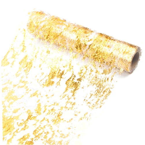 Ohanniewa Gold Table Runner 11 inch x 32 Feet Glitter Metallic Gold Foil Mesh Table Runner Roll Table Decorations for Wedding, Birthday, Banquet, Christmas