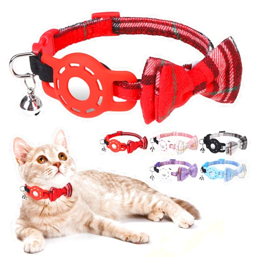 DILLYBUD Airtag Cat Collar with Bells and Bowtie - Cute Safety Elastic Band Adjustable Pet Collars with Waterproof Airtag Holder -GPS Tracker Cat Collars for Girl Boy Cats, Kitten and Puppies