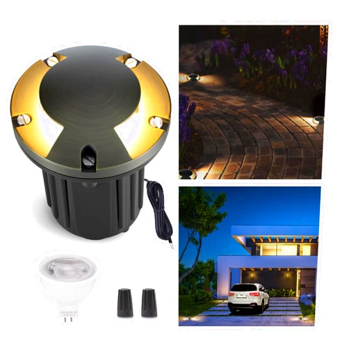 Gardenreet Landscape Well Lights Brass, LED Low Voltage Outdoor In Ground Lights, 12V Waterproof Garden Lights Wired 2 Way Turret for Outside Driveway Walkway Path with 5W 450LM 2700K MR16 Bulb