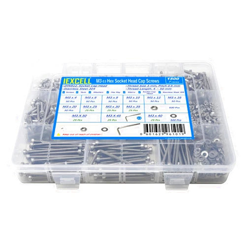 iexcell 1500 Pcs M3 x 4/6/8/10/12/16/20/25/30/35/40/45/50 Stainless Steel 304 Hex Socket Head Cap Screws Blots Nuts Washers Assortment Kit