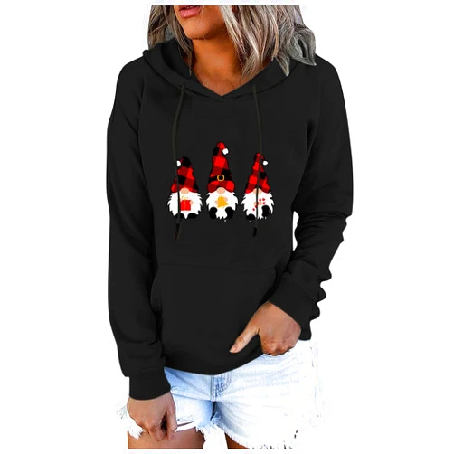 Xfenzhu Merry Christmas Gnome Hooded Sweatshirt Women Funny Graphic Xmas Pullover Tops Casual Loose Long Sleeve Hoodies Tops A1# Black Coats Women X-Large
